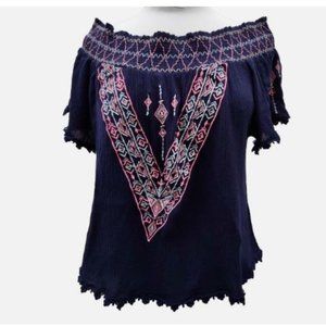 Umgee Top Women's Size Large Off -Shoulder Navy Embroidered Boho Shirt